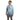 A person wearing a light blue long-sleeve shirt with a grey humminbird logo.