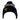 A navy knitted beanie with a striped yellow and white design and a pom-pom on top, featuring a yellow humminbird logo on the cuff.