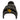 Black and gray striped knit beanie with a yellow humminbird logo across the cuff and a pom-pom on top.