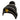 Side of a striped knitted beanie hat with a pom-pom on top and a yellow humminbird logo embroidered on the cuff.