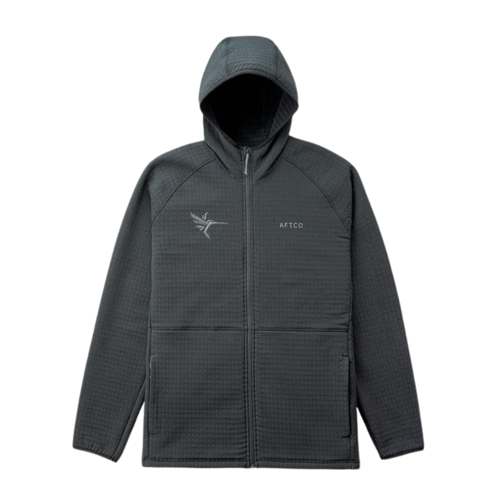 Dark gray hooded jacket with a humminbird brand logo on the chest.