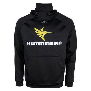 Front of a black hoodie with a neck gaiter and elastic drawstrings, featuring a yellow Humminbird logo on the chest.