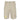 Front of beige cargo shorts with side pockets and a yellow humminbird logo on the right leg. 