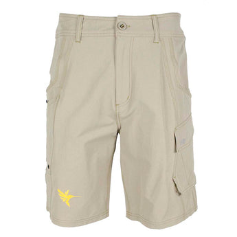 Front of beige cargo shorts with side pockets and a yellow humminbird logo on the right leg. 