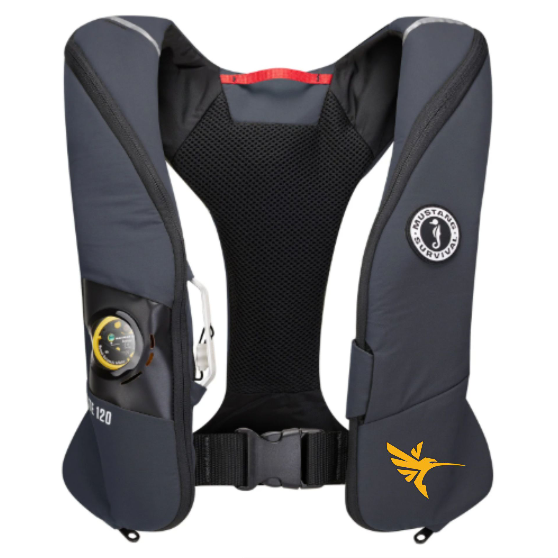 Grey life jacket with a Mustang Survival logo and a yellow humminbird logo on the left side. 