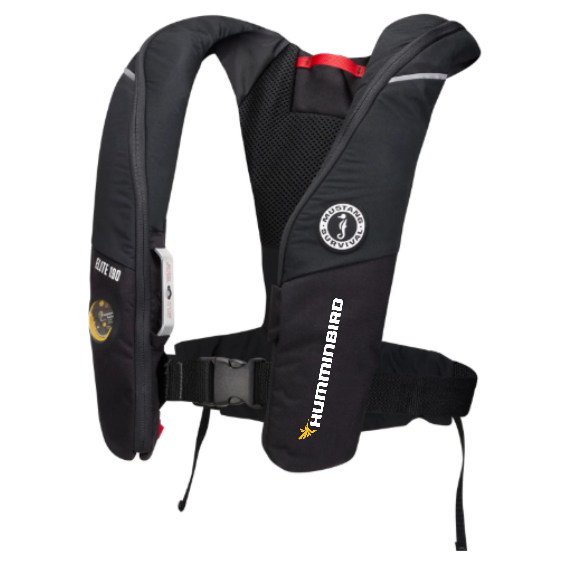 Black life jacket with red and grey accents and the Humminbird logo printed in white and yellow on the left side. 