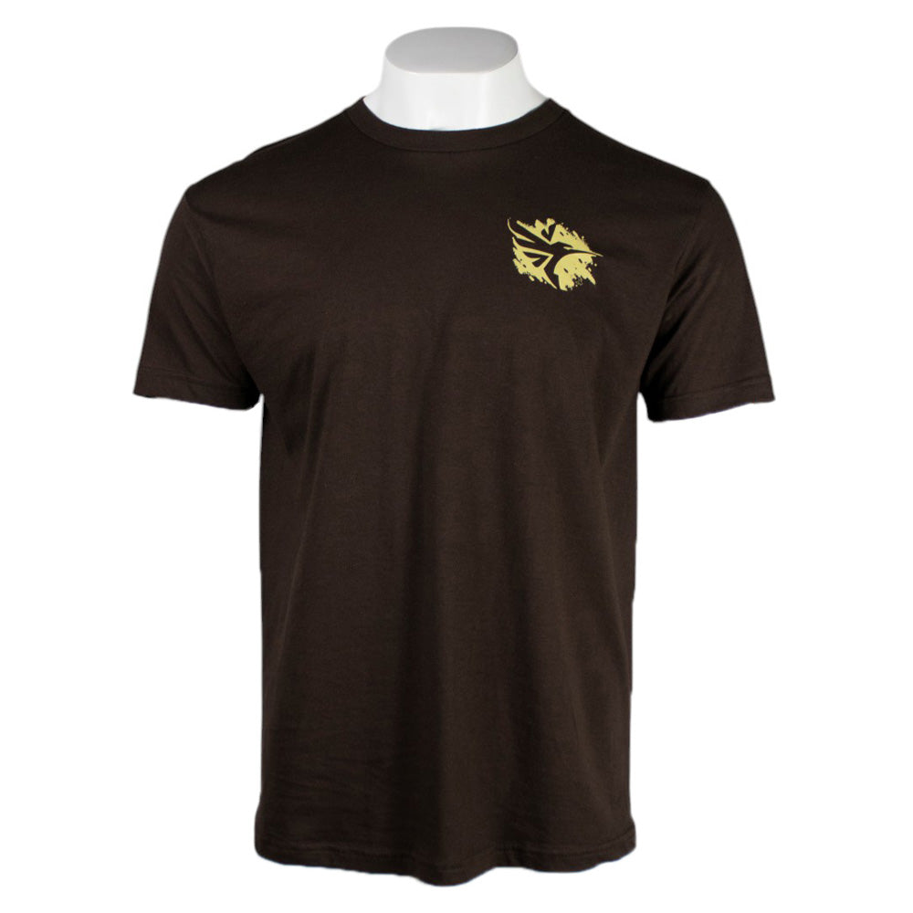 Brown t-shirt with a yellow graphic design on the chest making the humminbird logo.