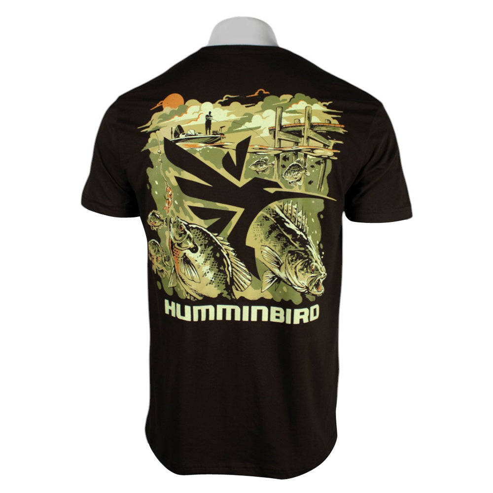 Brown t-shirt with a fishing-themed graphic featuring two fish and a scenic background