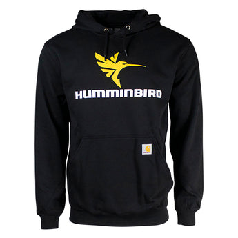 Black carhartt hoodie featuring a yellow humminbird logo and white 'HUMMINBIRD' text on the chest.