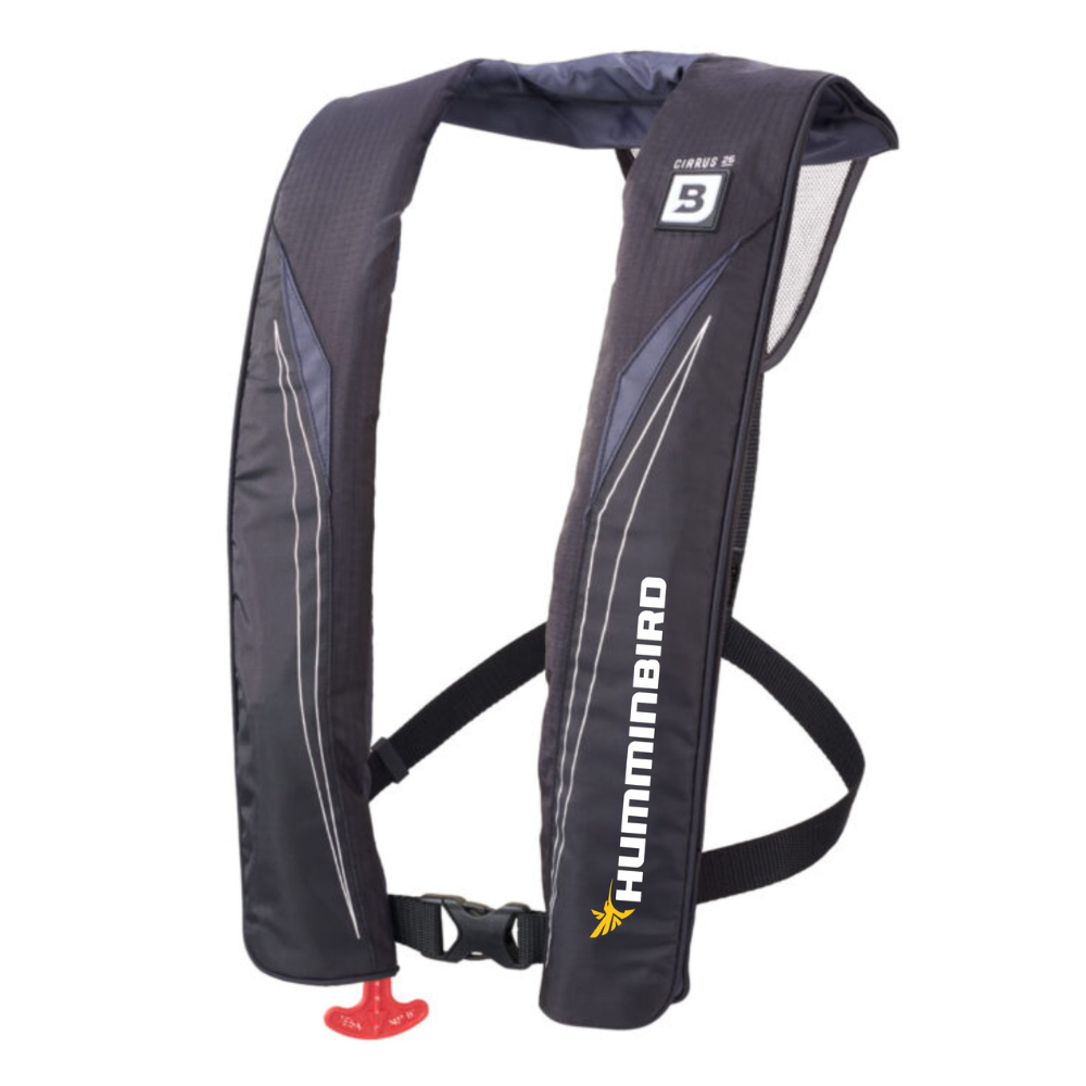 Grey inflatable life jacket with reflective stripes and a buckle. The humminbird logo is printed on the left side. 
