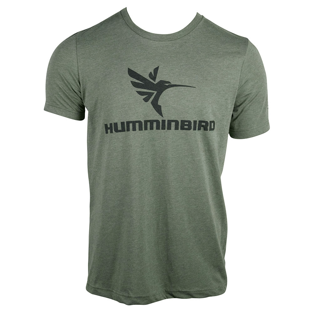 Military green t-shirt with a black Humminbird logo on the chest. 