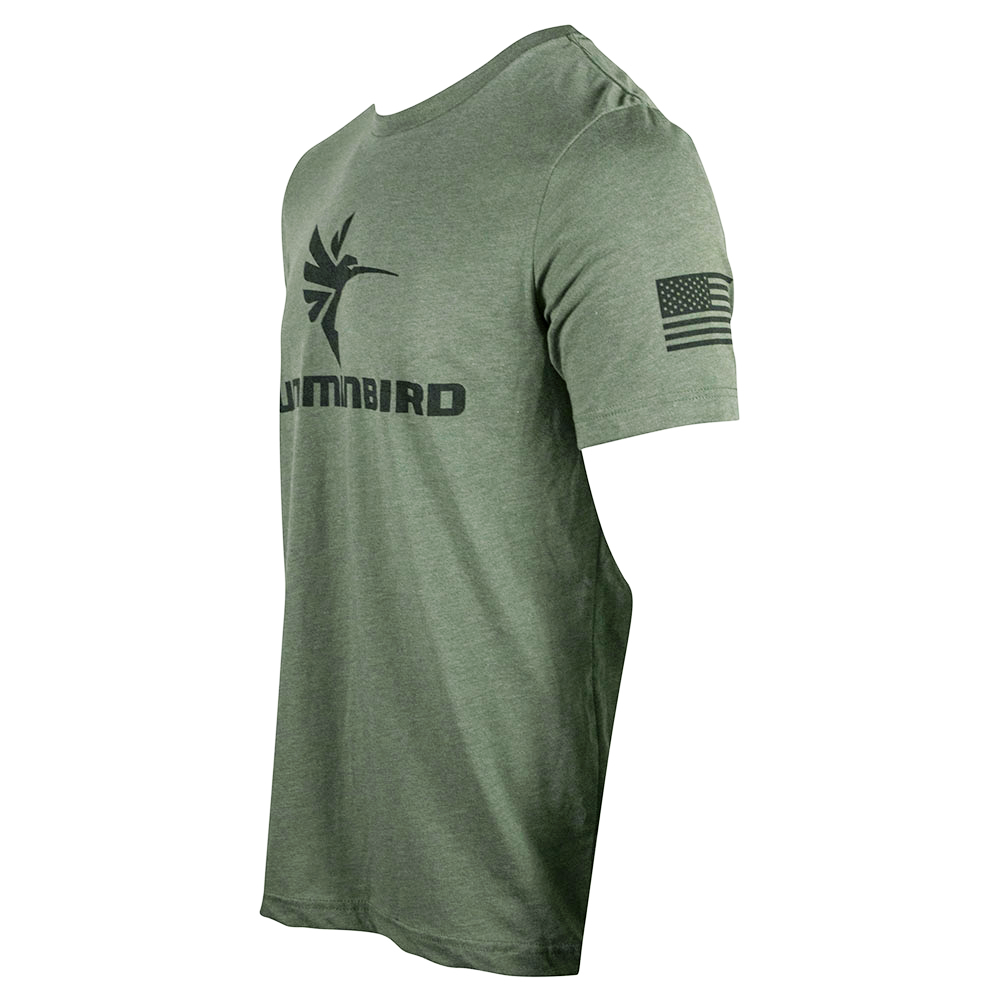 Green t-shirt with 'hummibird' logo across the chest and a flag design on the sleeve.