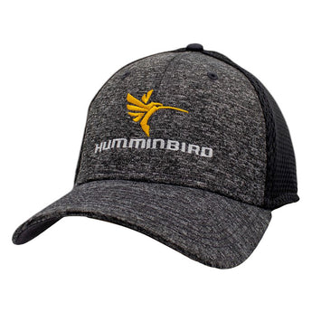 A heathered gray baseball cap with a black mesh back and a yellow and white Humminbird logo across the front. 