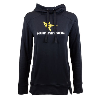 Front of a black hoodie with a yellow humminbird logo and white 'Humminbird' text on the front.