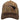 A trucker-style baseball cap with a tan and brown camouflage pattern on the front panels, a solid dark brown brim, and a black embroidered humminbird logo on the side.