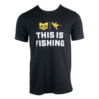 Black t-shirt with the text 'THIS IS FISHING' and the yellow humminbird and minn kota logos on the front.