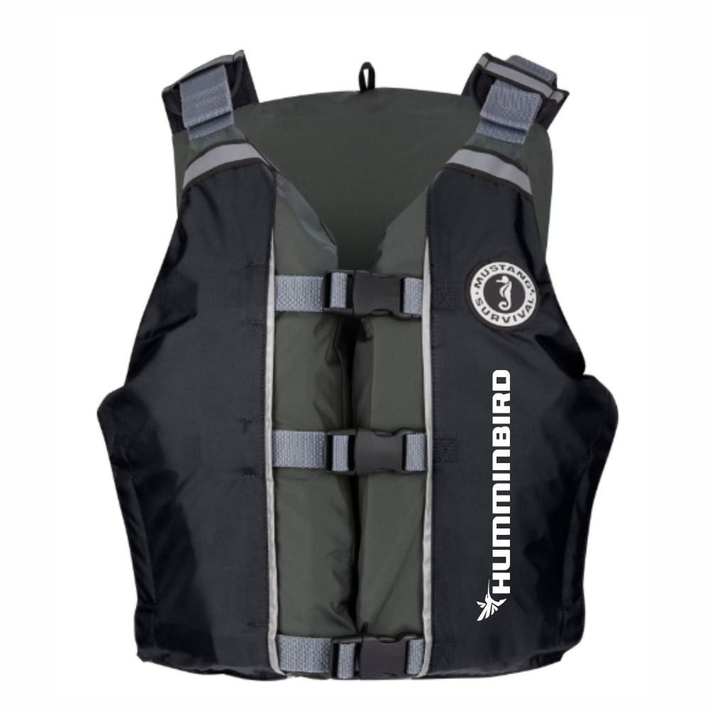 Black and grey life jacket with Humminbird logo on the left front side.