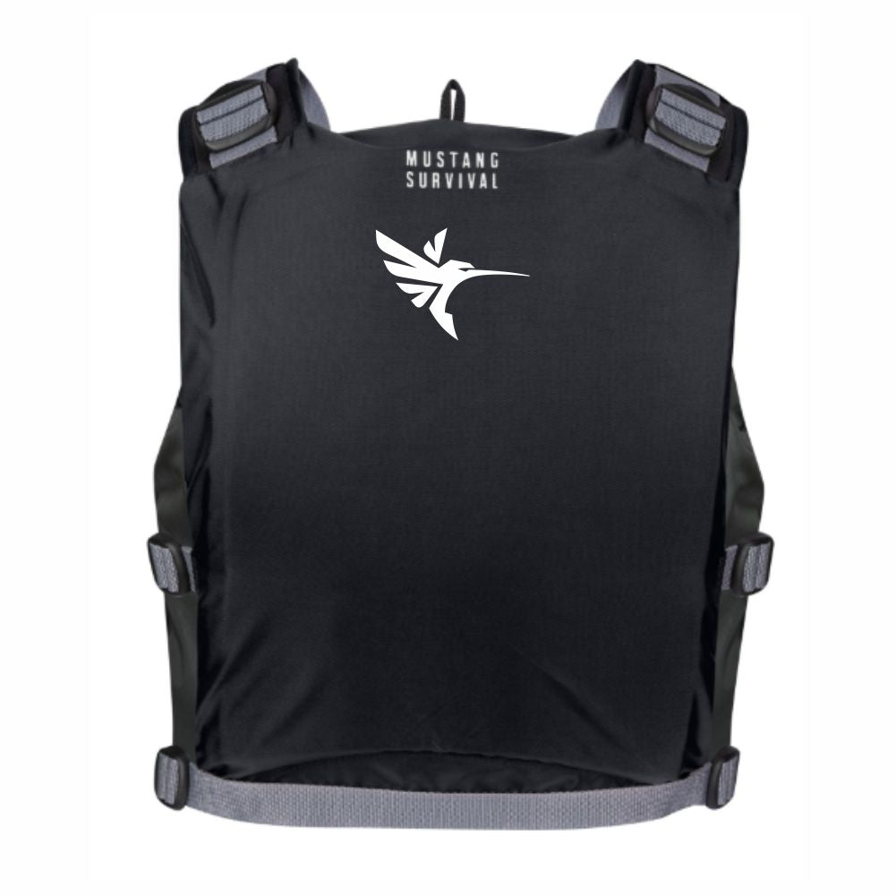 Black Mustang Survival life vest with a white humminbird logo on the back.