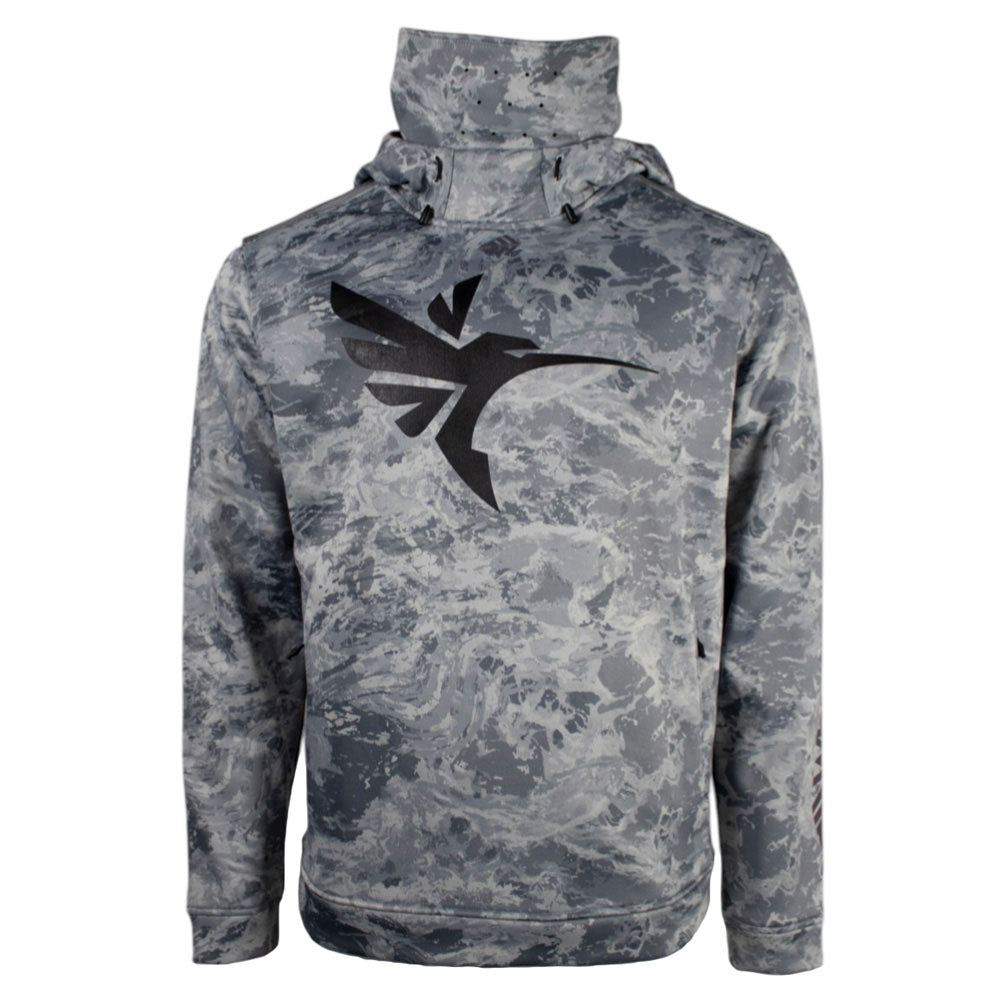 Front of a grey camouflage hoodie with a black humminbird logo on the chest.
