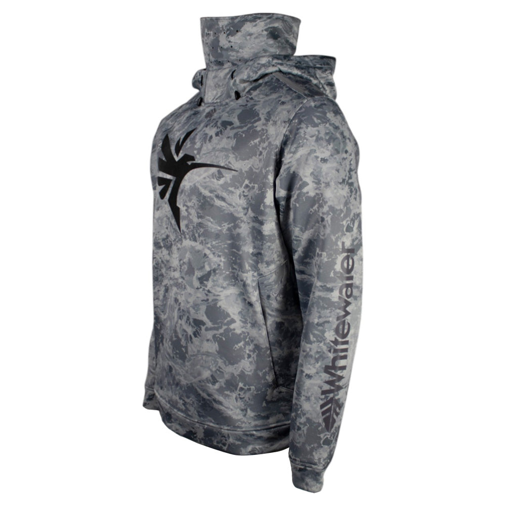 Side of a grey camouflage hoodie with a black humminbird logo on the chest and a grey whitewater logo down the sleeve.