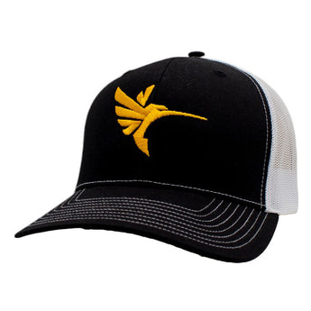 Black embroidered cap with a white mesh back and stitching, featuring a yellow humminbird logo on the front. 