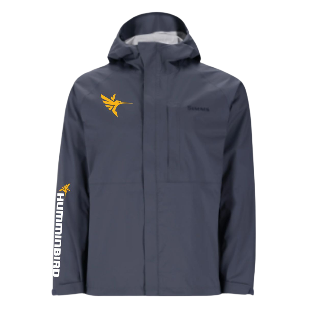 Gray fishing jacket with yellow and white humminbird branding on the right sleeve and chest. 