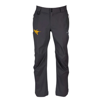 Dark gray rain pants with a yellow humminbird logo on the right hip.