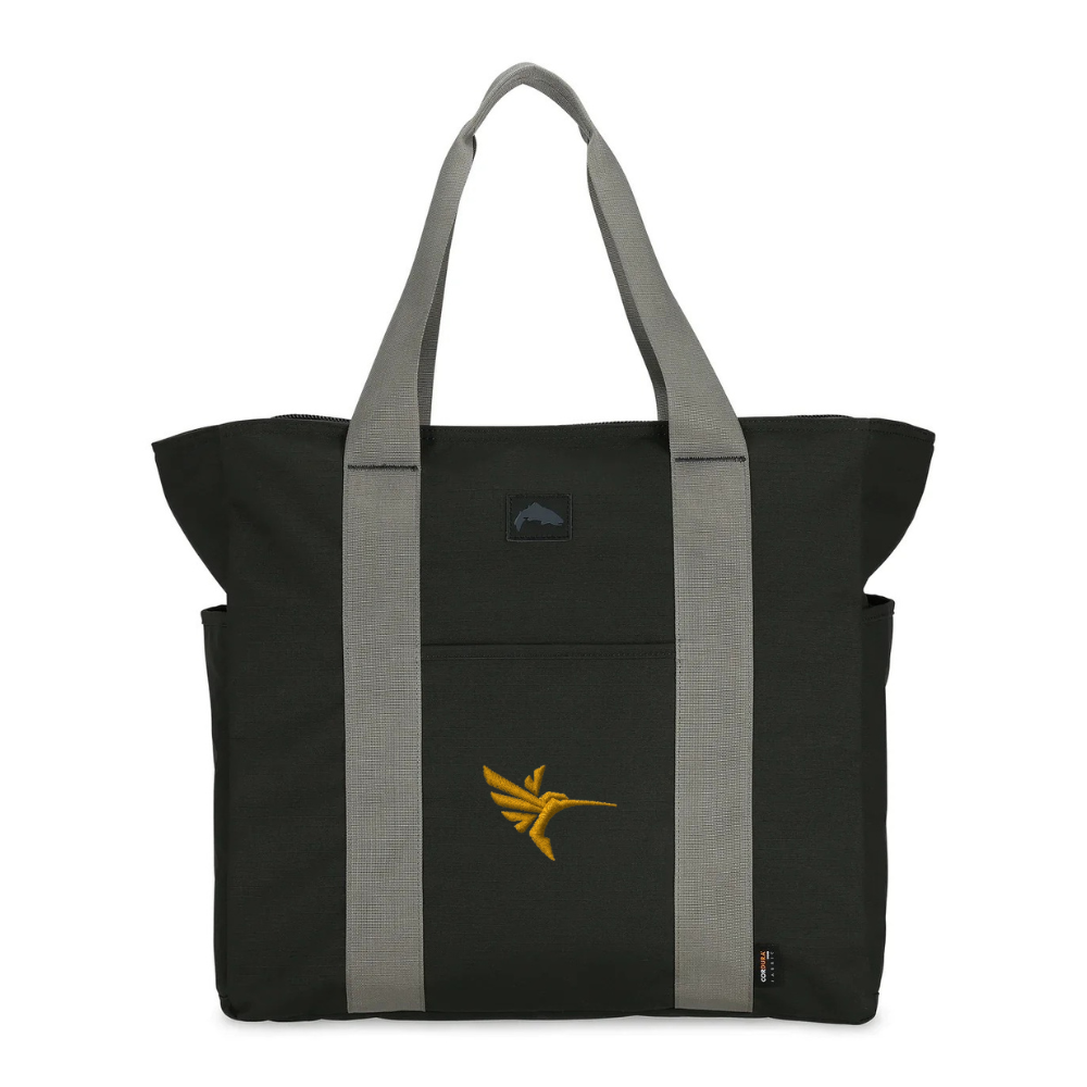 Black tote bag with gray straps and a yellow humminbird logo.