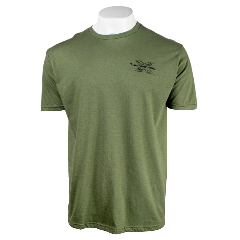 Olive green short-sleeve t-shirt with a black humminbird logo on the chest