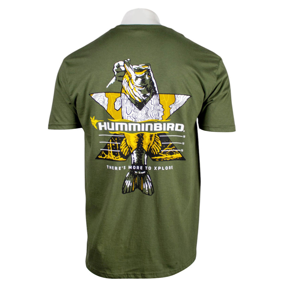Back view of a green t-shirt featuring a fishing design and the Humminbird logo.