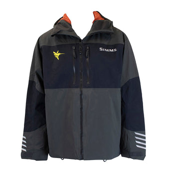 Dark gray and black jacket with orange accents and a yellow humminbird logo on the chest. 