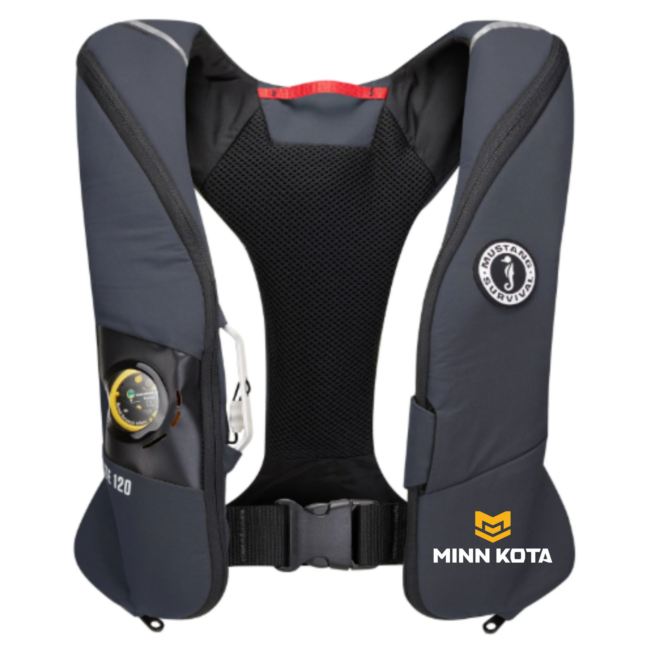 Grey life jacket with Minn Kota branding on the left side.