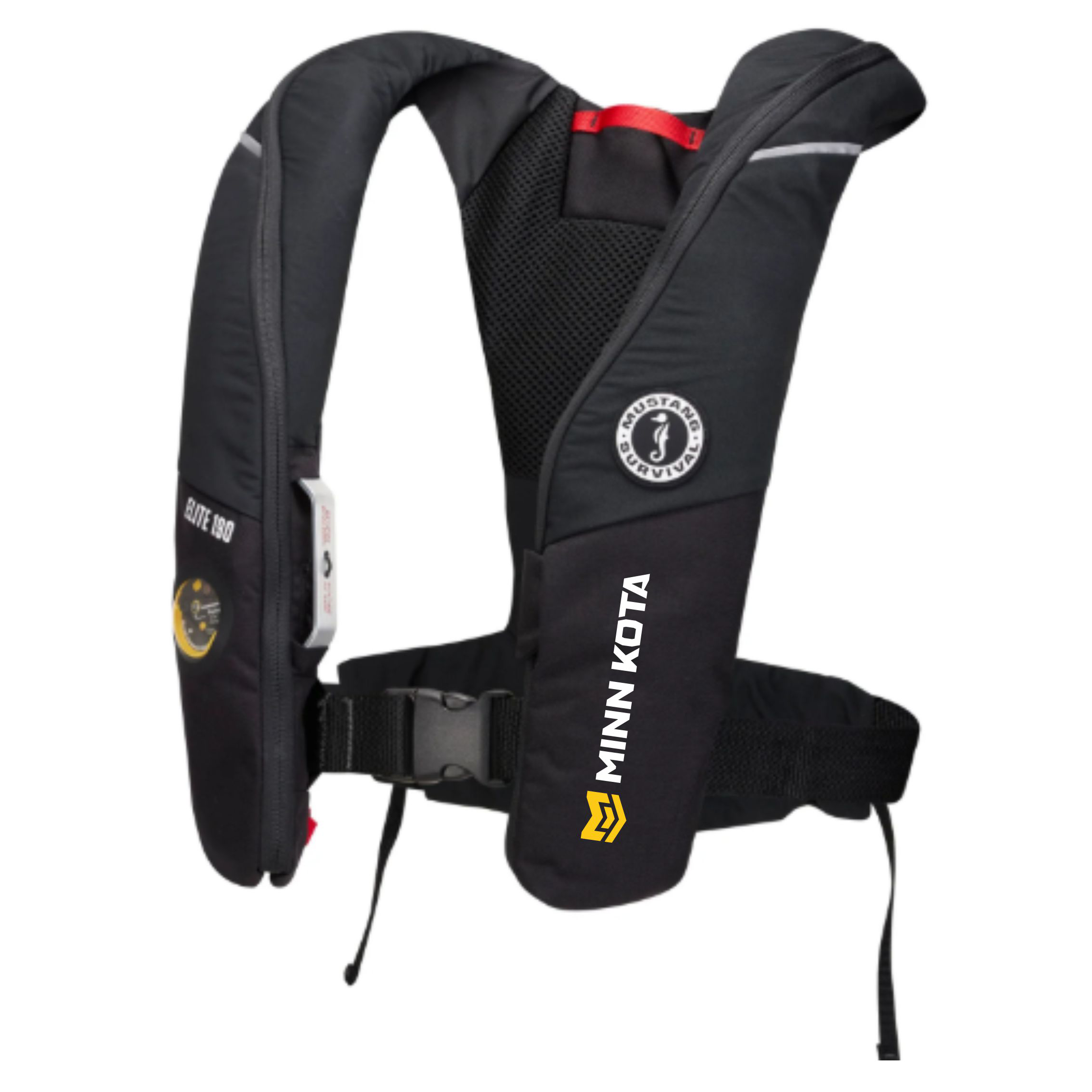 Black life jacket with Minn Kota branding on the left side. 