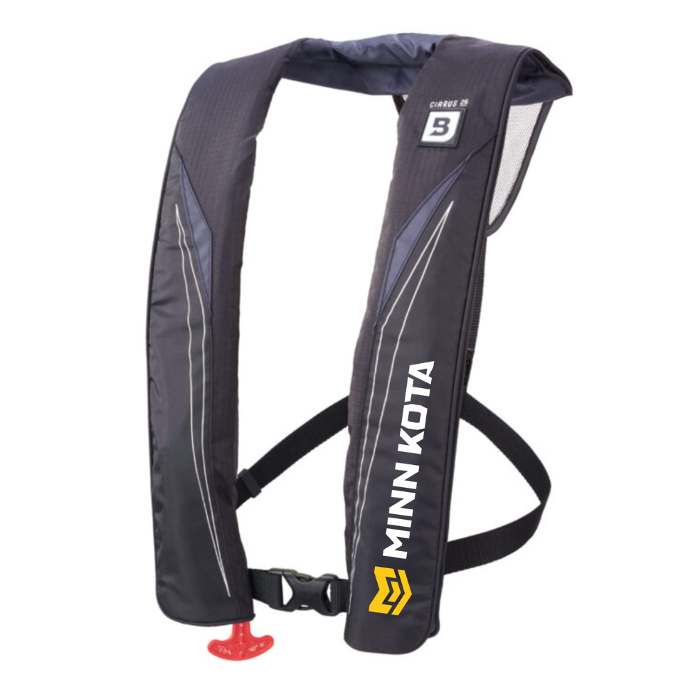 Grey inflatable life jacket with Minn Kota branding