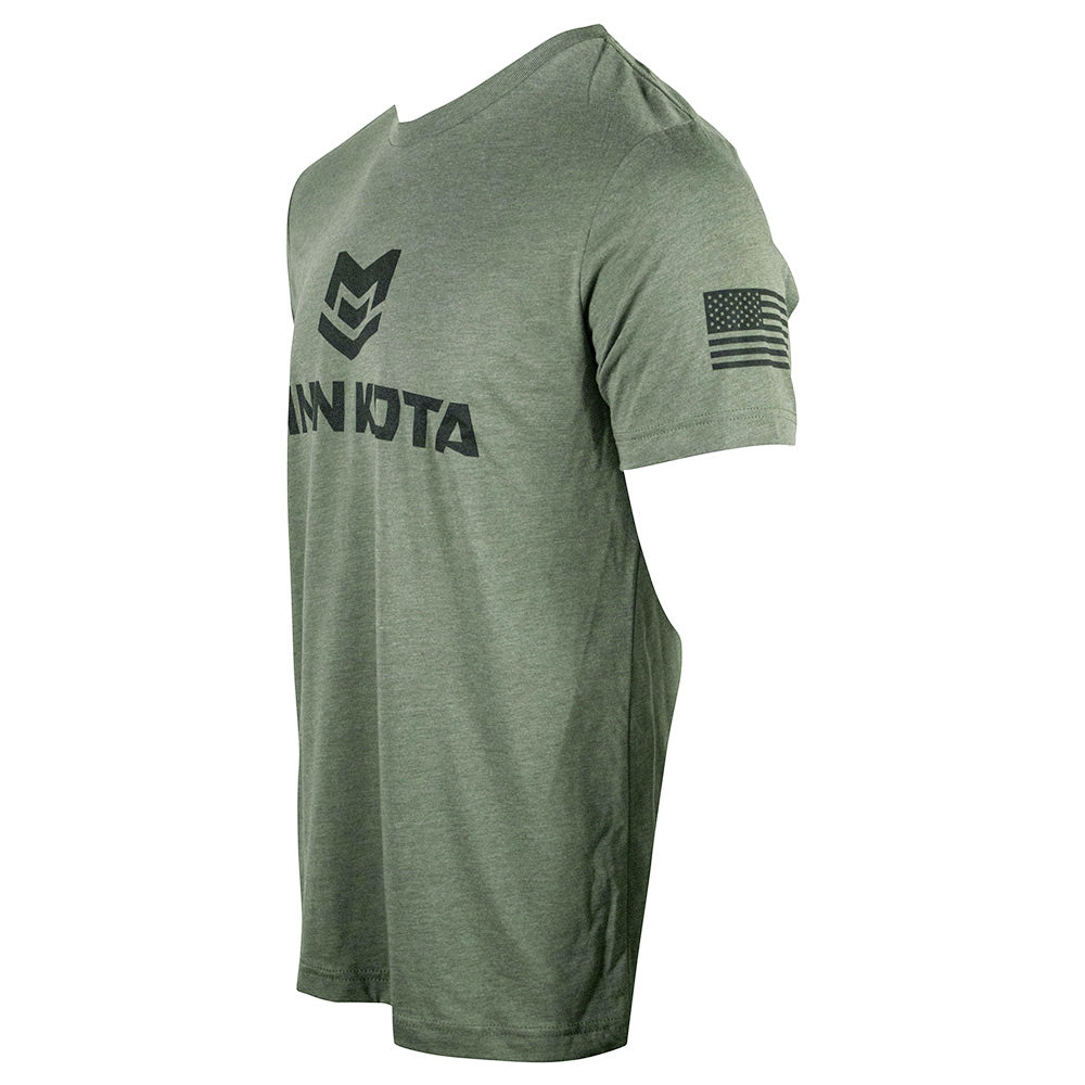 Green t-shirt with minn kota branding on the chest and a small flag on the sleeve.