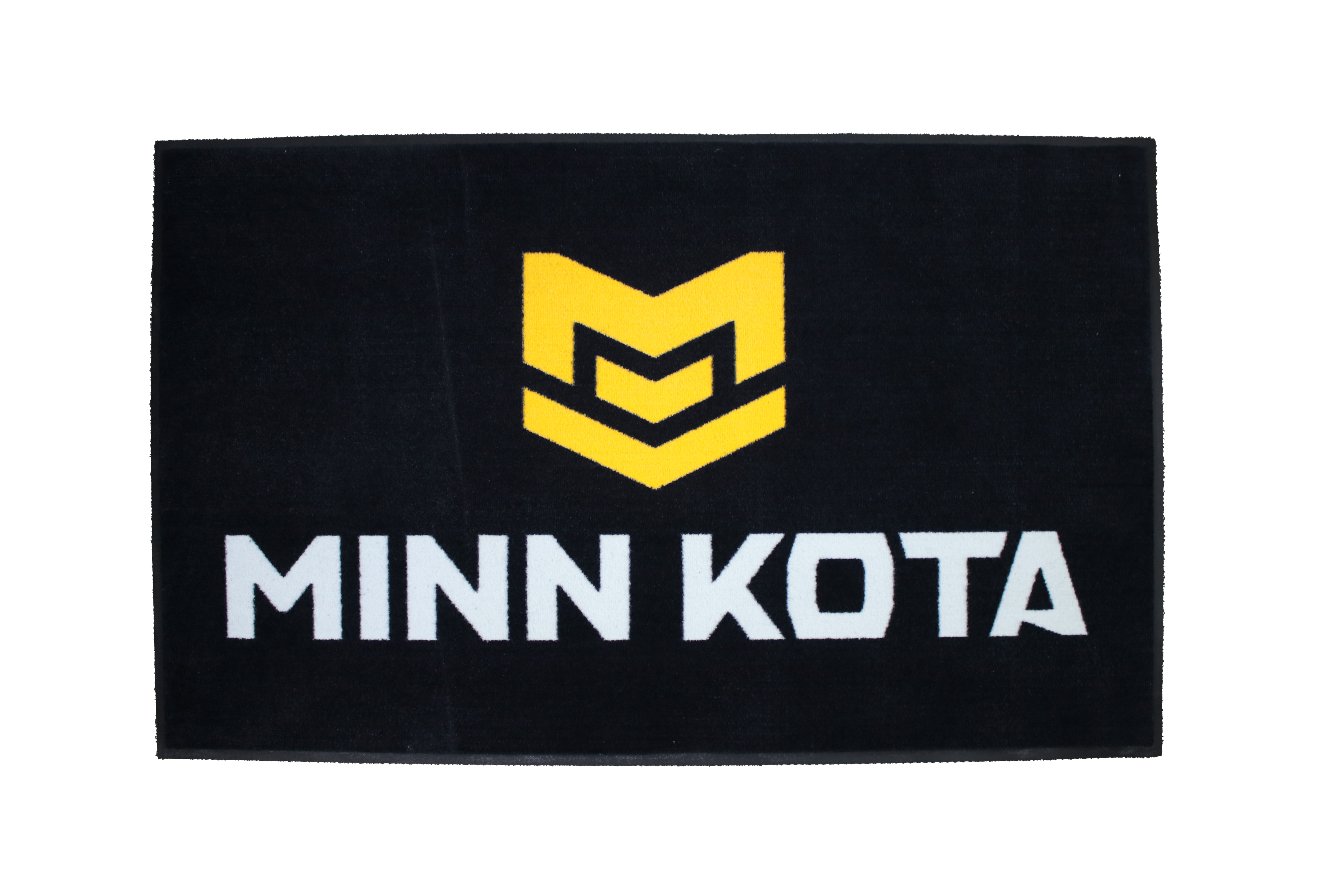 Logo of Minn Kota on a black floor mat.