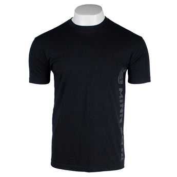 Black short-sleeve t-shirt with the minn kota logo printed down the side. 