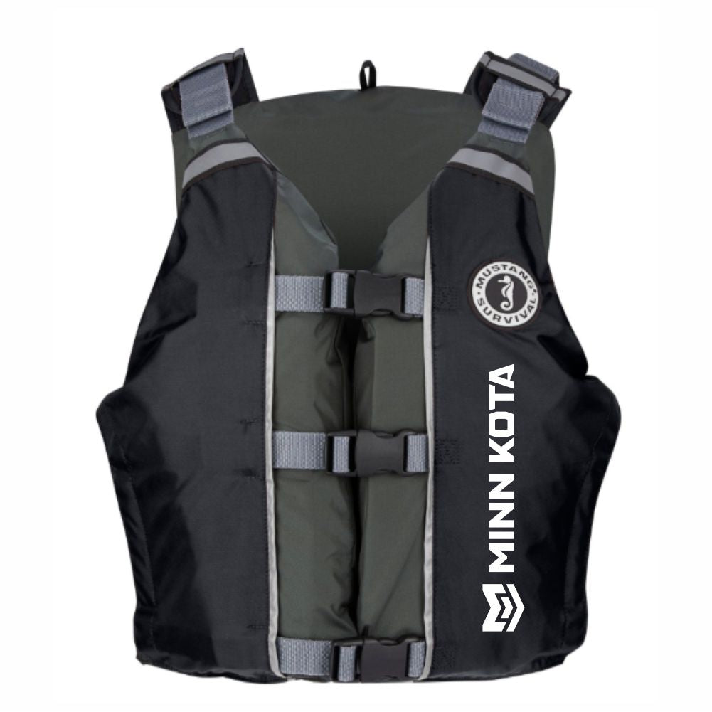 Black and grey life jacket with Minn Kota logo on the left front side.
