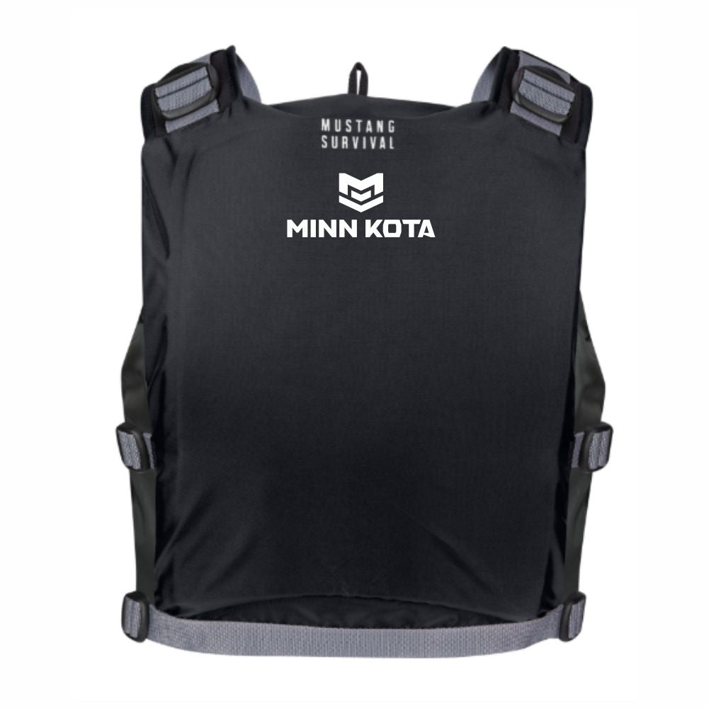 Black life jacket with 'Mustang Survival' and 'Minn Kota' logos on the back in white. 
