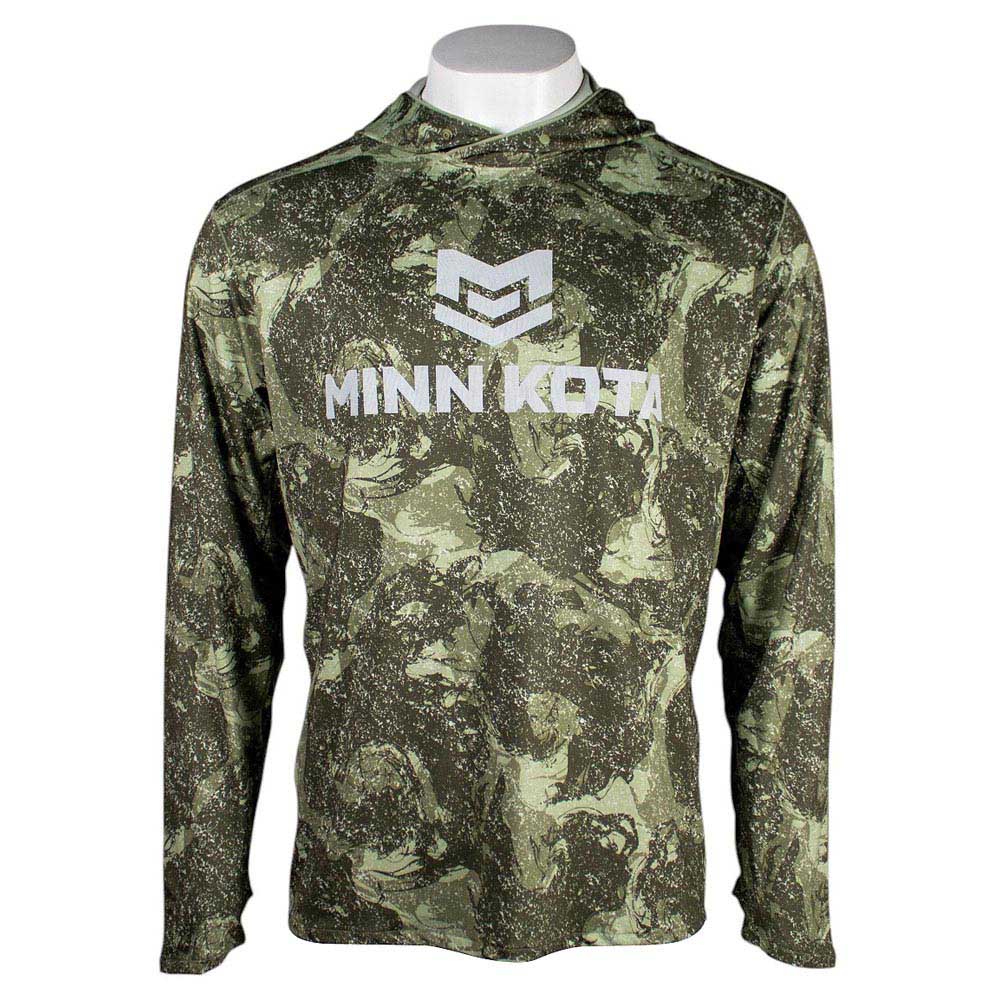 Camouflage long-sleeve hooded shirt with 'Minn Kota' logo printed on front