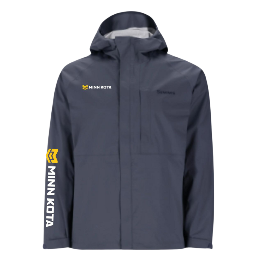 Gray fishing jacket with Minn Kota branding on the chest and sleeve.