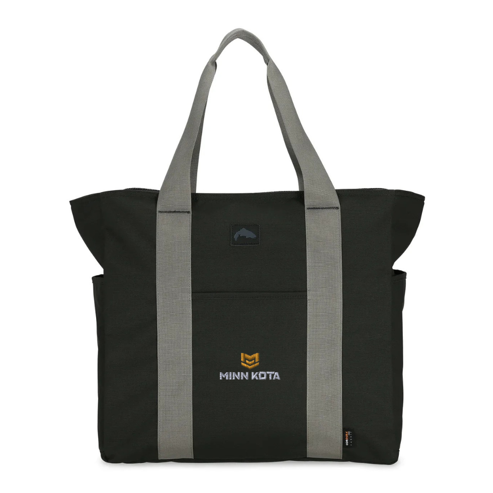 Black tote bag with gray straps and Minn Kota logo 
