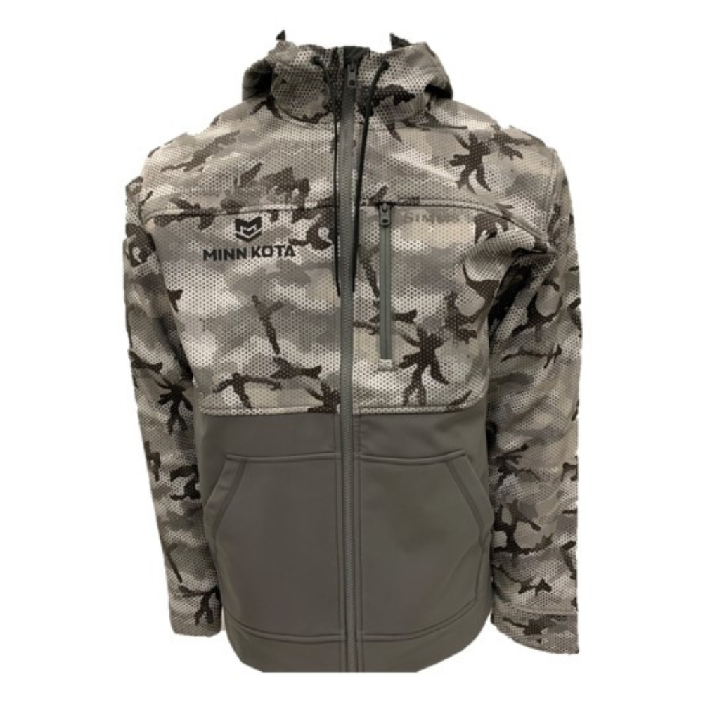 A brown camouflage jacket with a tanlower body and the minn kota logo on the chest.