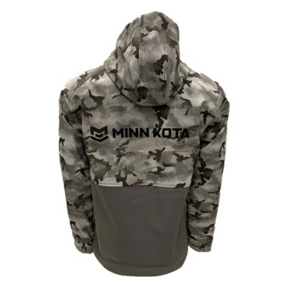 Back of a brown camouflage jacket with a tan lower body and the Minn Kota logo across the back. 
