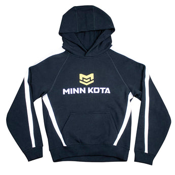 Black hoodie with white stripes and a white and yellow 'MINN KOTA' text across the front. 