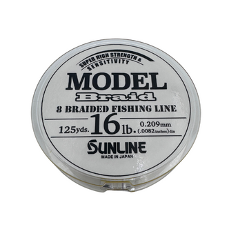 Container of 8 braided fishing line, 16 lb, 125 yards, by Sunline, made in Japan.